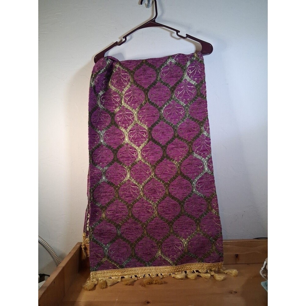 Table Cloth Runner Purple Gold Peacock Tail Turkish W Tassels ~16x52"